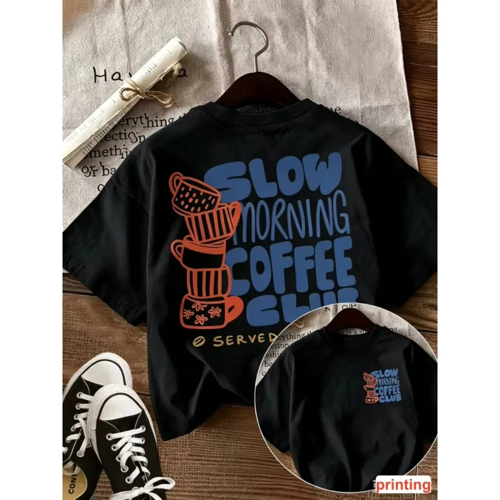 Slow Morning Coffee Club Print T-shirt Stacked Coffee Cups Graphic Short Sleeve Round Neck Casual Top Men Women Daily Streetwear