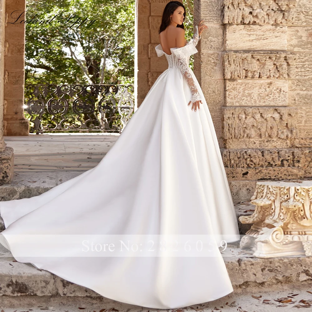 Lceland Poppy Customized A Line Wedding Dresses Off the Shoulder Full Sleeves Beaded Lace Bridal Gowns with High Slit