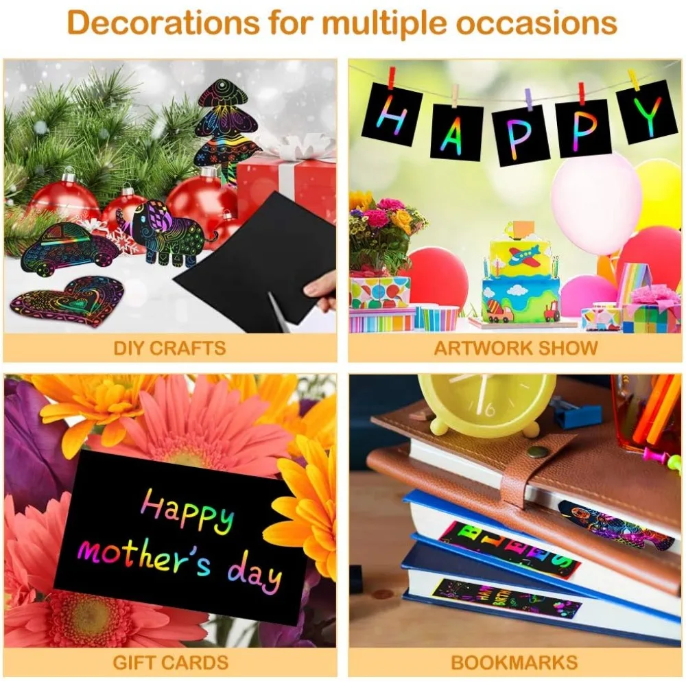 Подарок для детей от 3 до 12 лет — 3 упаковки радужных скретч-блокнотов, наборов принадлежностей для рукоделия и цветных бумаг для рисования.