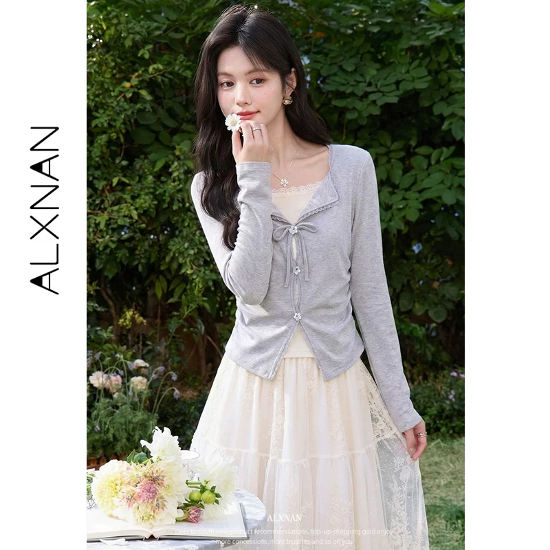 

ALXNAN Long Sleeve T-shirt Fake Two-piece Bow Floral Button Tee 2026 Fashion Elegant Slim-fit Casual Female Clothing DYL662601-1