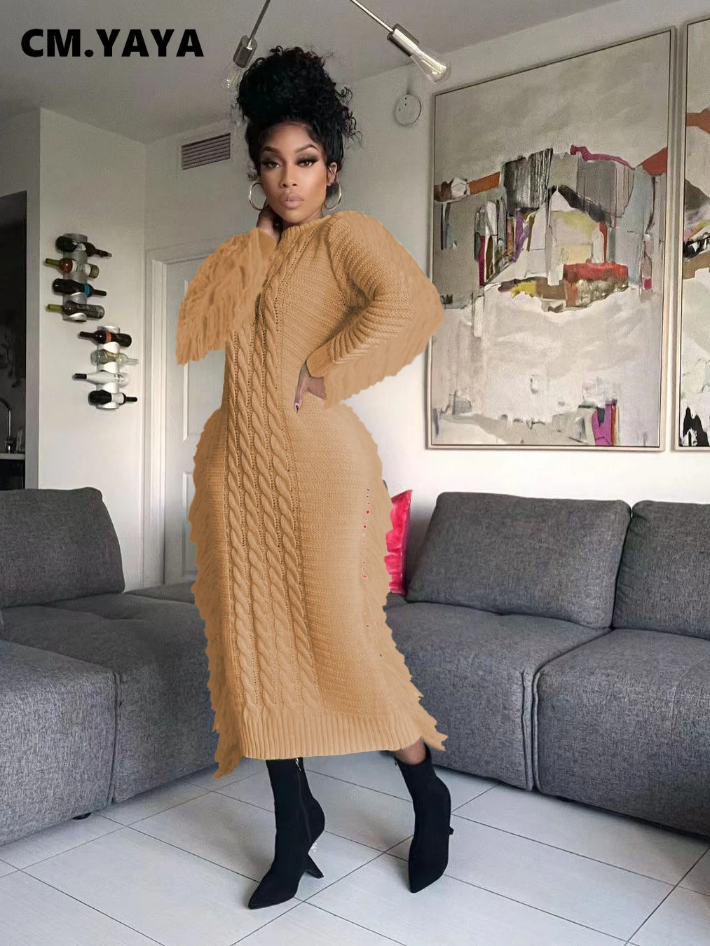 CM.YAYA Women Long Sleeve Tassel Bodycon Midi Knit Straight Maxi Dress 2023 Autumn Winter O-neck Sweater Vestidos Dresses