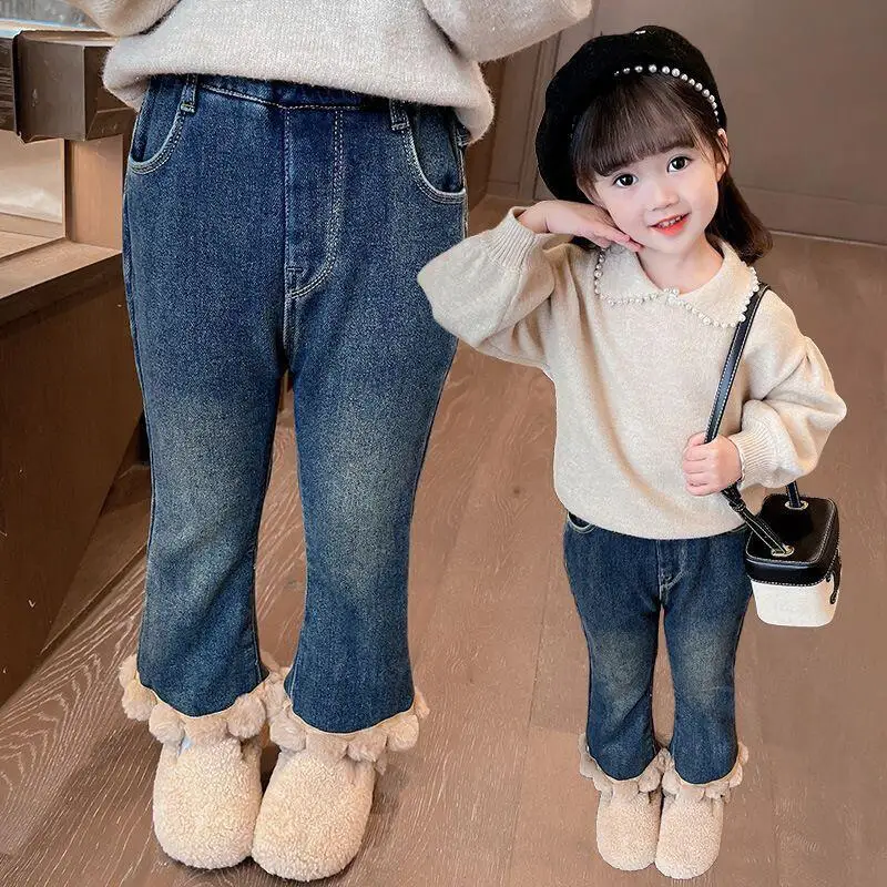 Girl Winter Jeans Autumn Thicken Bell-Bottoms Pants Homewear Child Keep Warm Versatile Fashion Kawaii New Style Casual Clothing