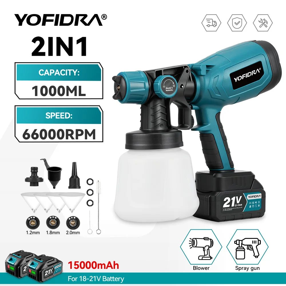 PISTOLA DE PULVERIZACIÓN eléctrica YOFIDRA de 1000ML, pulverizador de pintura inalámbrico para el hogar, aerógrafo con revestimiento de acero para muebles de coche HVLP para Pin de batería Makita