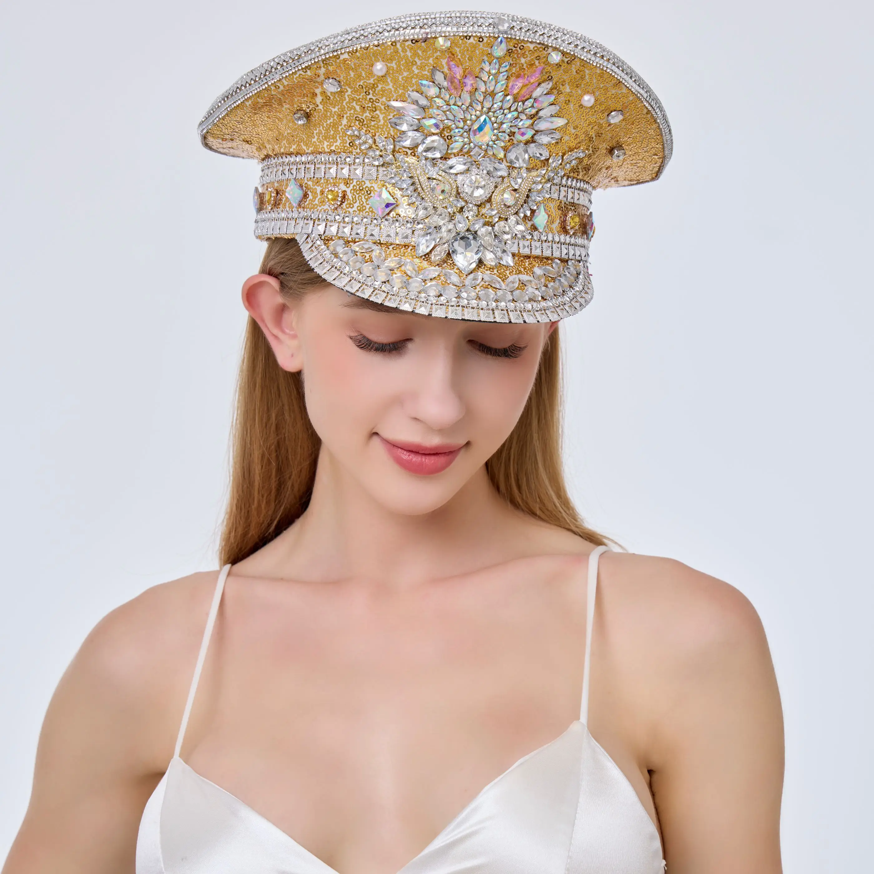 HongLuan Glitter Disco Amarelo Steampunk Capitão Chapéu Strass para Mulher Festival de Música, Acessórios Militares Vintage e Boné Homem