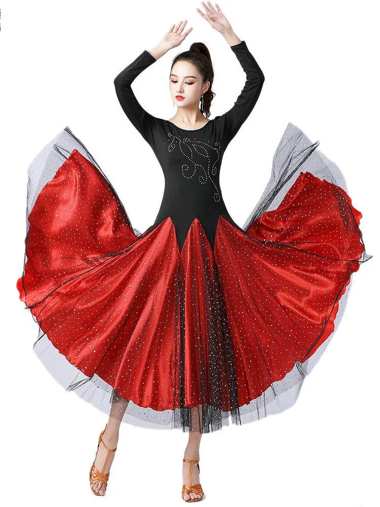 Alta qualidade vestido de dança de salão de baile feminino desempenho vestidos modernos padrão tango valsa vestido mangas compridas