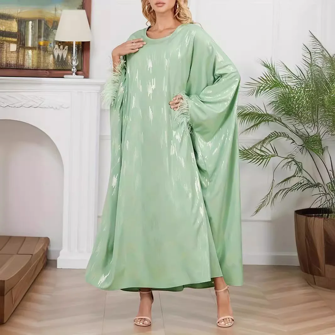 2024 New Women's Muslim Loose Robe One Size Regular Light Green Comfortable And Casual Dubai Luxurious Elegant Bat Style Robe