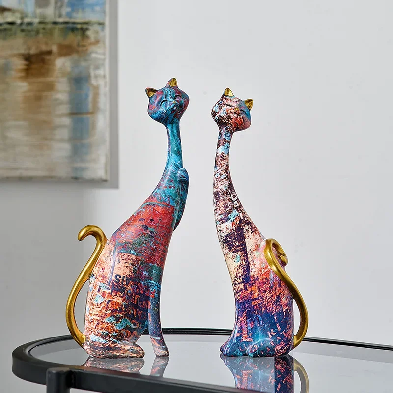 Colorful Cats Couple Statue Oil Painting 2pcs Cat Sculpture Resin Figurines for Home Decor Living Room Bookshelf Desk Decoration