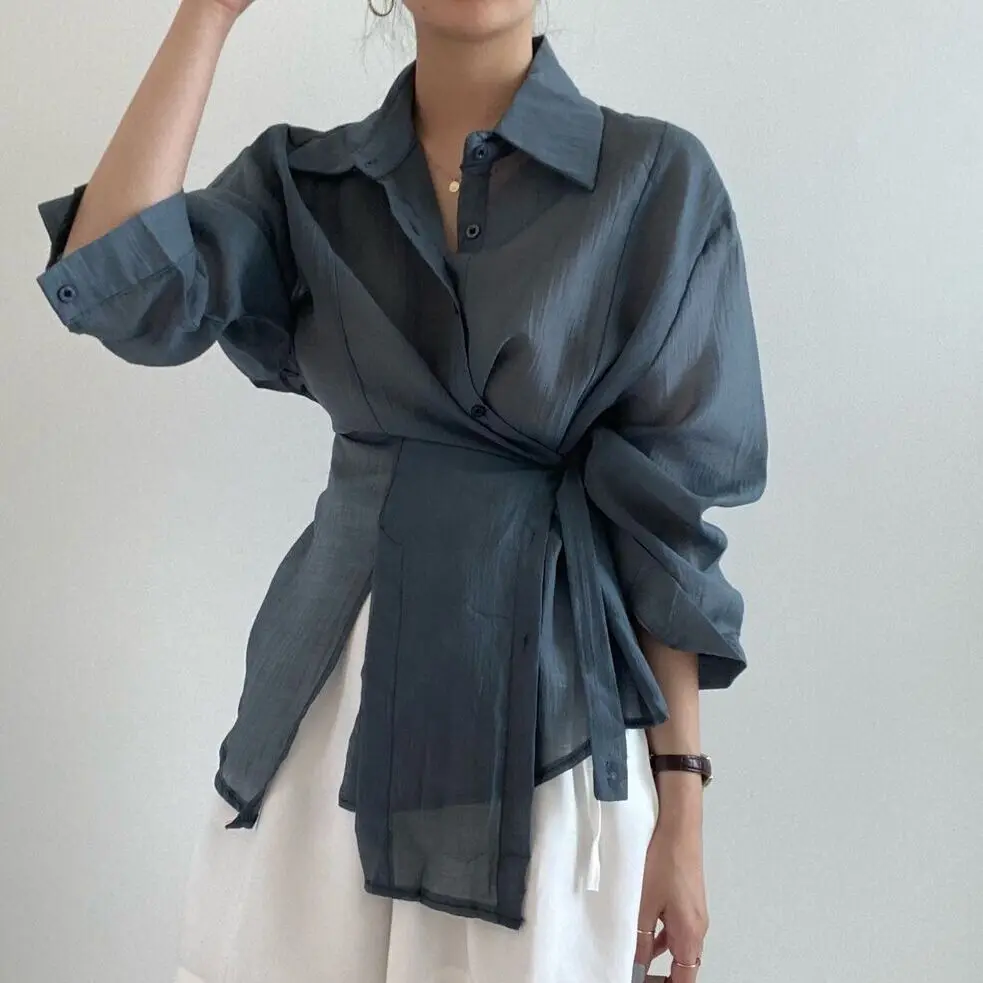 Women's Wrap Tie Waist Shirt, Collared Button-Down 3/4 Sleeve, Asymmetrical Hem, Semi-Sheer Casual Blouse for Office & Daily