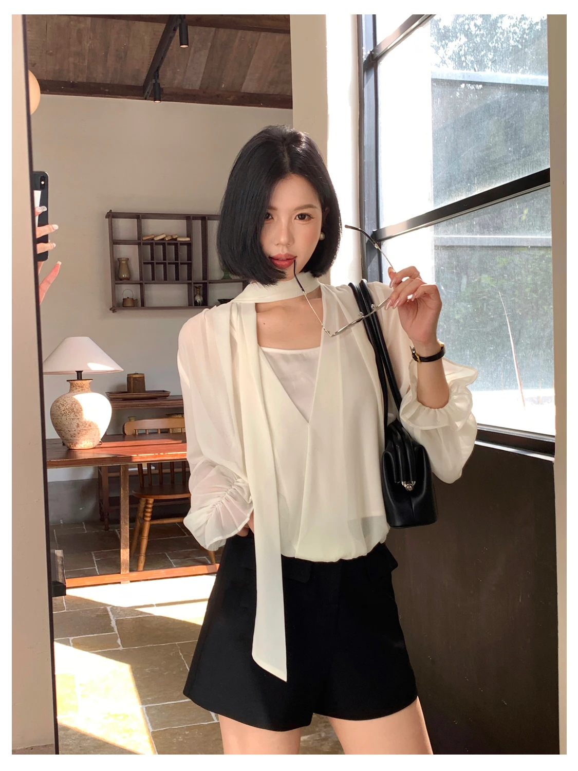 

Ele Sweet And Spicy Ribbon Detail irt Top Women's True Two-Piece Polyester Fiber Long Sve V-Ne Casual Spring Faion