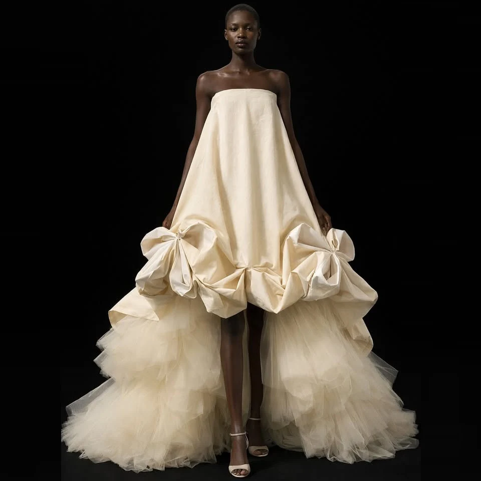 

Ivory High Low Strapless Prom Dress Satin And Tulle Ruched A Line Floor Length Evening Gowns Wedding Party Dress Robe De Soiree