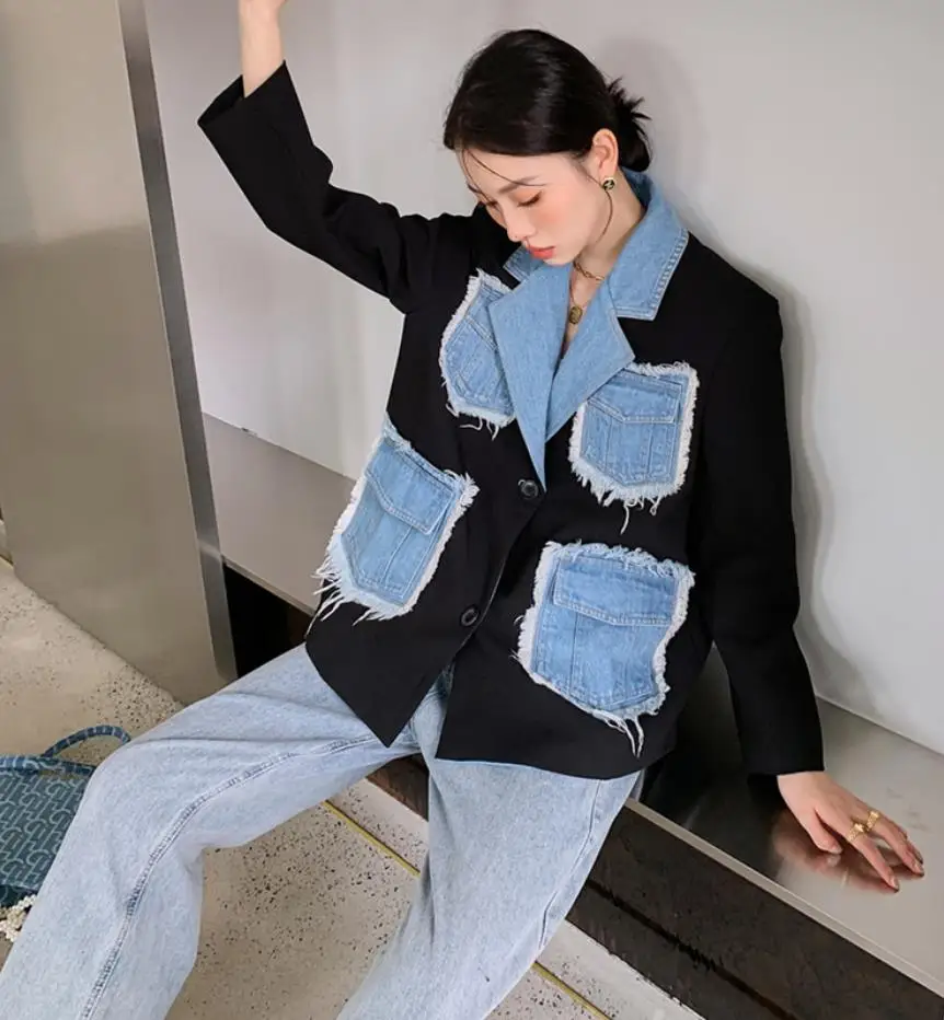 2024 spring new full sleeve notched collar denim patchwork suit jacket women black Korean casual pockets single breasted blazer