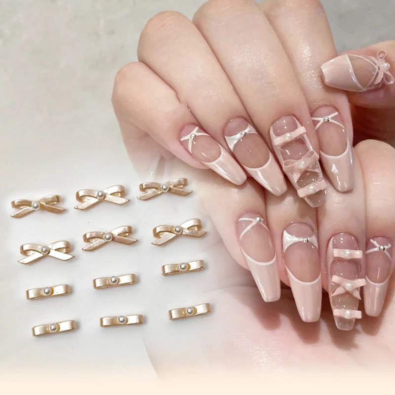 10 個ゴールドシルバーバレエリボンネイルチャーム 3D パールバレリーナ合金弓リボンネイル装飾部品 DIY レトロフレンチネイルアート部品