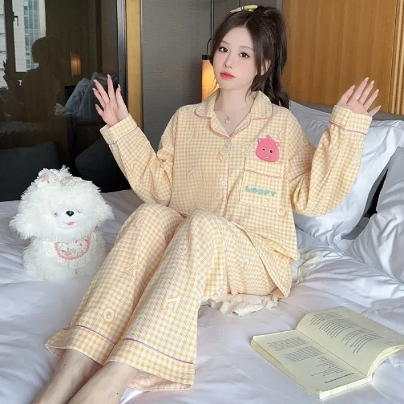 

Plus Size Pajamas Women' s Spring Autumn Waffle Sweet Cardigan Long-sleeved Trousers Home Clothes Can Be Worn Outside Loungewear