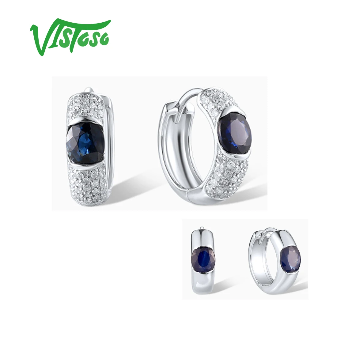 VISTOSO Real 14K 585 White Gold Loop Earrings For Women Sparkling Diamonds Blue Sapphire Two Versions Simple Daily Fine Jewelry