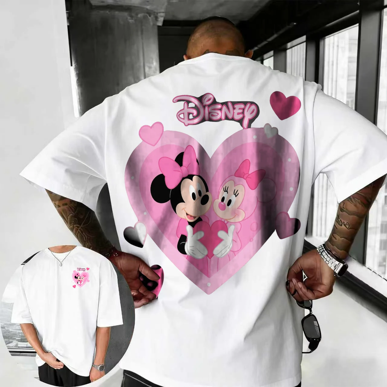 

2026 Summer Disney Mickey and Minnie T-shirt Men's Street Fashion 100% Pure Cotton Short-sleeved Casual Loose Breathable Top