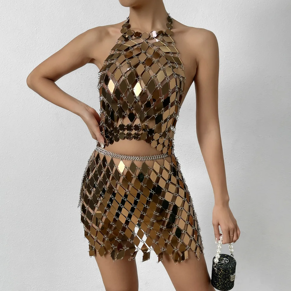 Sexy Party Festival Nightclub Body Chains Outfits Women Sequin Tassel Skirt Sets Dance Halter Top Two Piece Set 2022 New Arrival