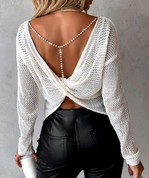 2023 New Women's Sexy Blouses Pearls Strap Twisted Knit Sweater Solid Color Sheer Sweater Long Sleeve Fashion Backless Top