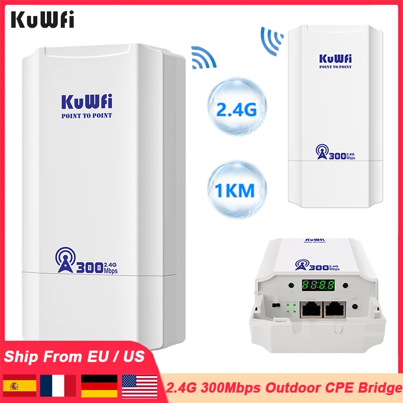 KuWFi 300Mbps Outdoor CPE Bridge 2.4Ghz Wireless Wi-fi Signal PTP PTMP Long Distance Extender AP Repeater Mode IP65 with 24V POE