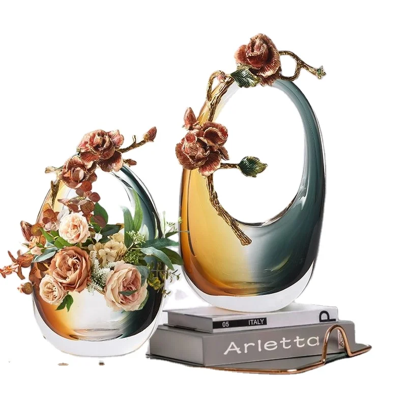 &c Modern  Contrasting Clear Crystal Flower Vase Light Luxury Enamel Colored Floral Decorative Glass Vase for Home Decor
