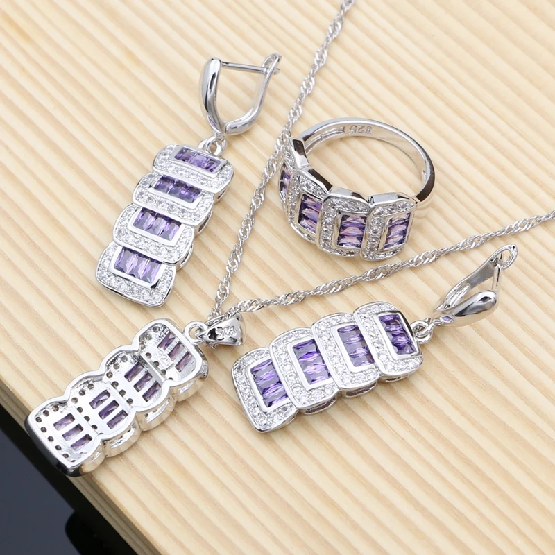 925 Sterling Silver Bride Jewelry Sets Purple Amethyst with Crystal Earrings Stone Geometric Necklace Set Dropshipping