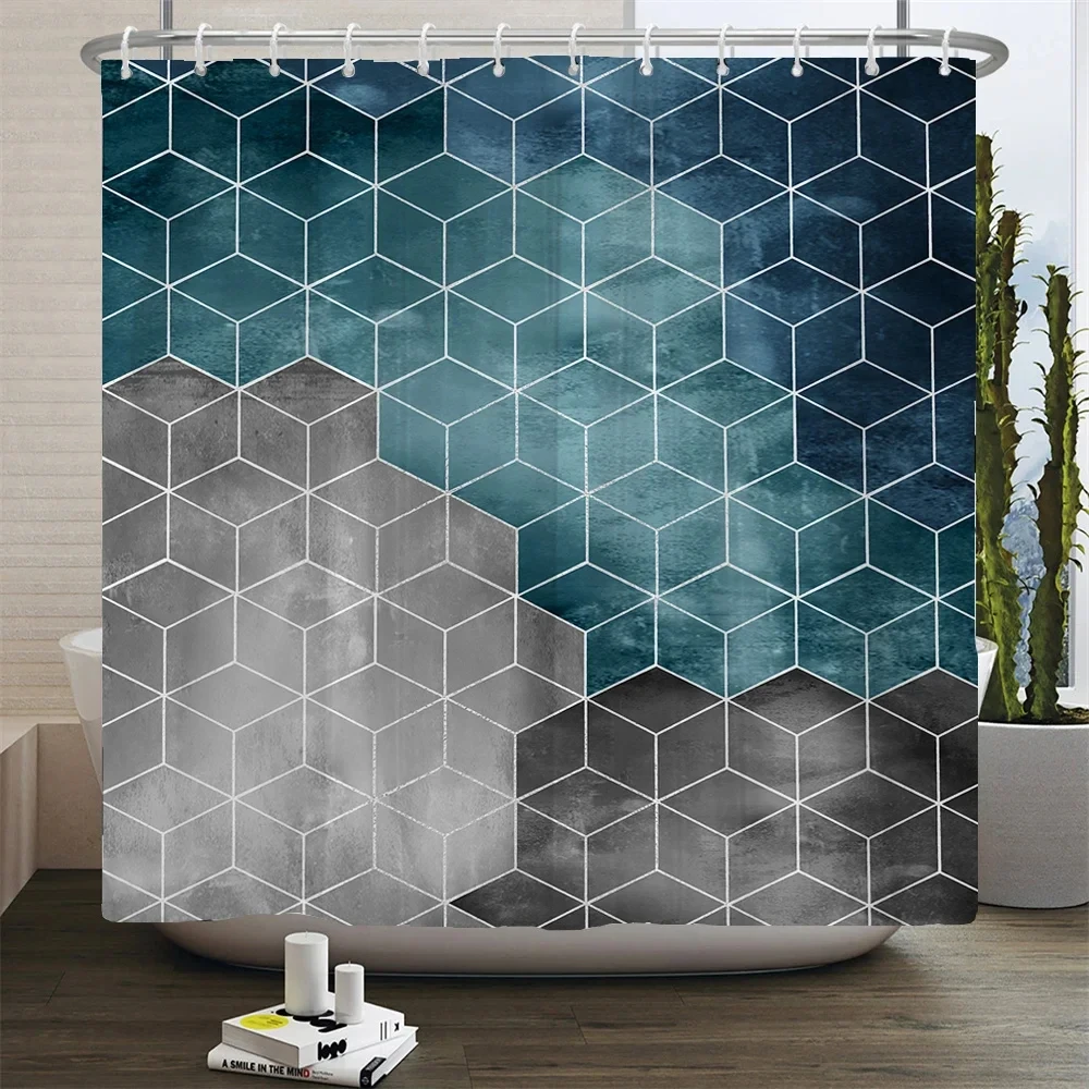 Abstract Geometric Shower Curtain Hexagonal Lines Bathroom Curtain with Hooks Waterproof Fabric Bath Screen Toilet Partition
