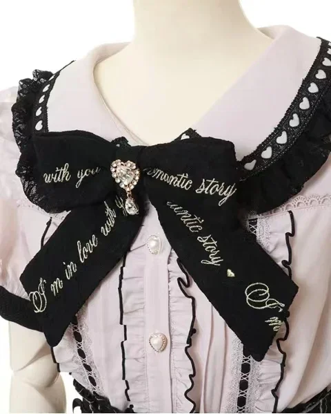 Rojita-camisa Lolita con cuello de encaje para mujer, blusas de manga corta ajustadas con lazo en los hombros, Tops bonitos de verano