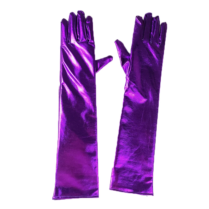 

Long Halloween Cosplay Sexy Golden Silvery Color Gilded Patent Leather Mitten Women Stage Performances Dance Full Finger Glove