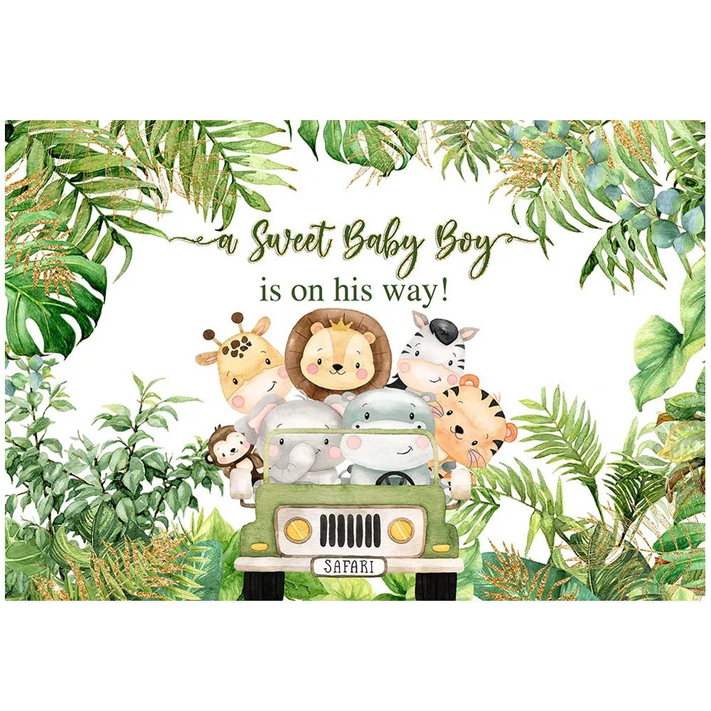 Mocsicka Jungle Baby Shower Backdrop a Sweet Baby Boy is on His Way Forest Leaves Animal Photo Background Studio Photocall Props