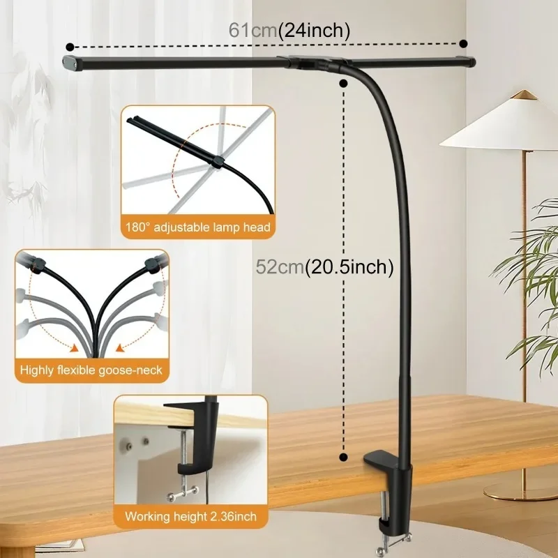 Cabeça dupla led lâmpada de mesa flexível tubo pescoço de ganso com clipe luz de preenchimento 10 níveis ajustável proteção para os olhos lâmpada de mesa luz