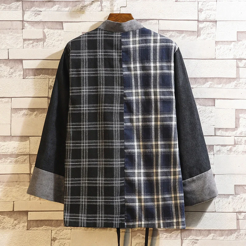 #4252 Spring Autumn Kimono Plaid Jacket Men Loose Vintage Cardigan Coat Plus Size Spliced Color Chinese Style Outerwear Jacket