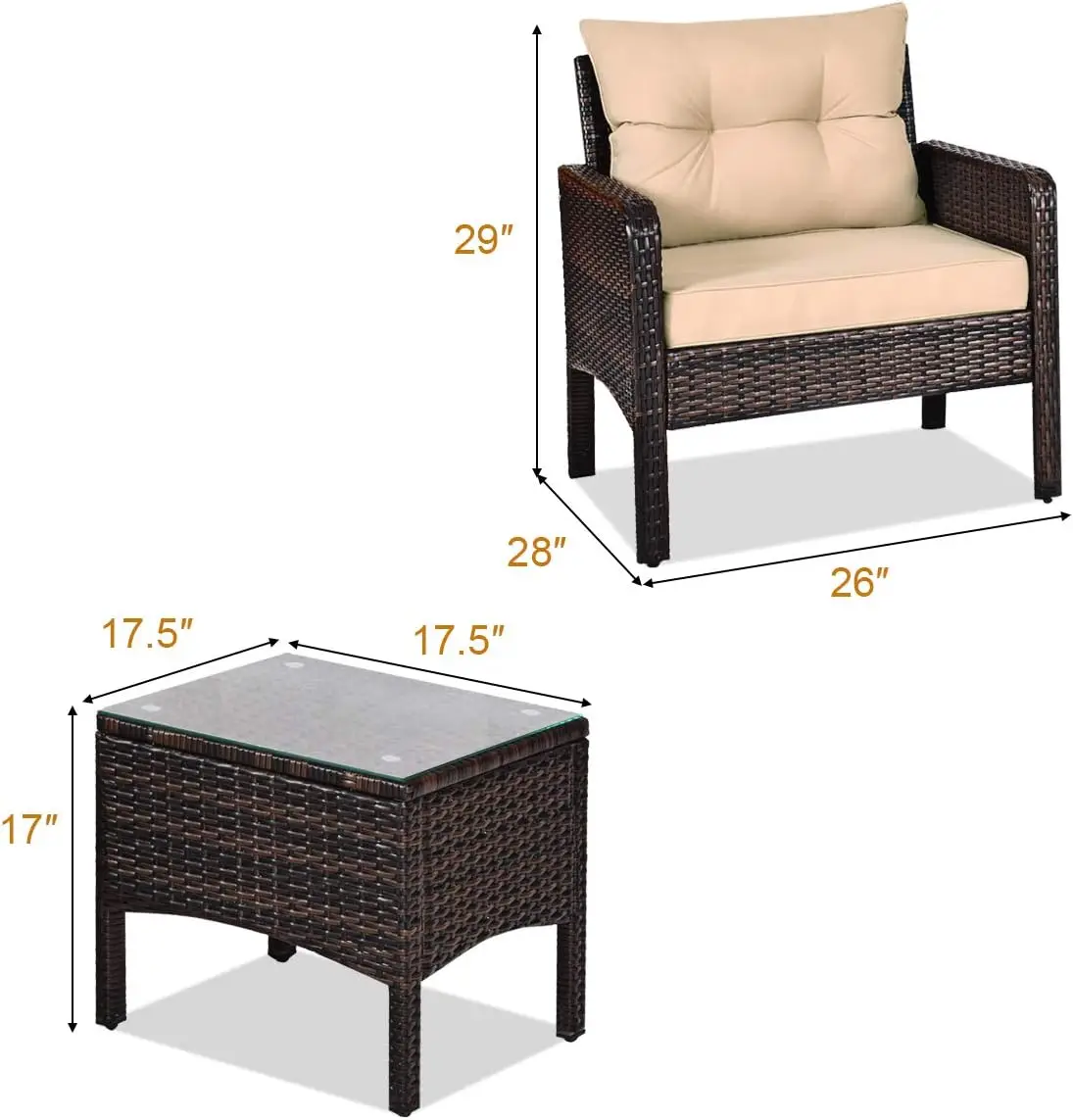 3 Piece Outdoor Patio Furniture Set for 2, Wicker Chairs with Glass Top Coffee Table, Thick Cushions, All Weather Garden Lawn