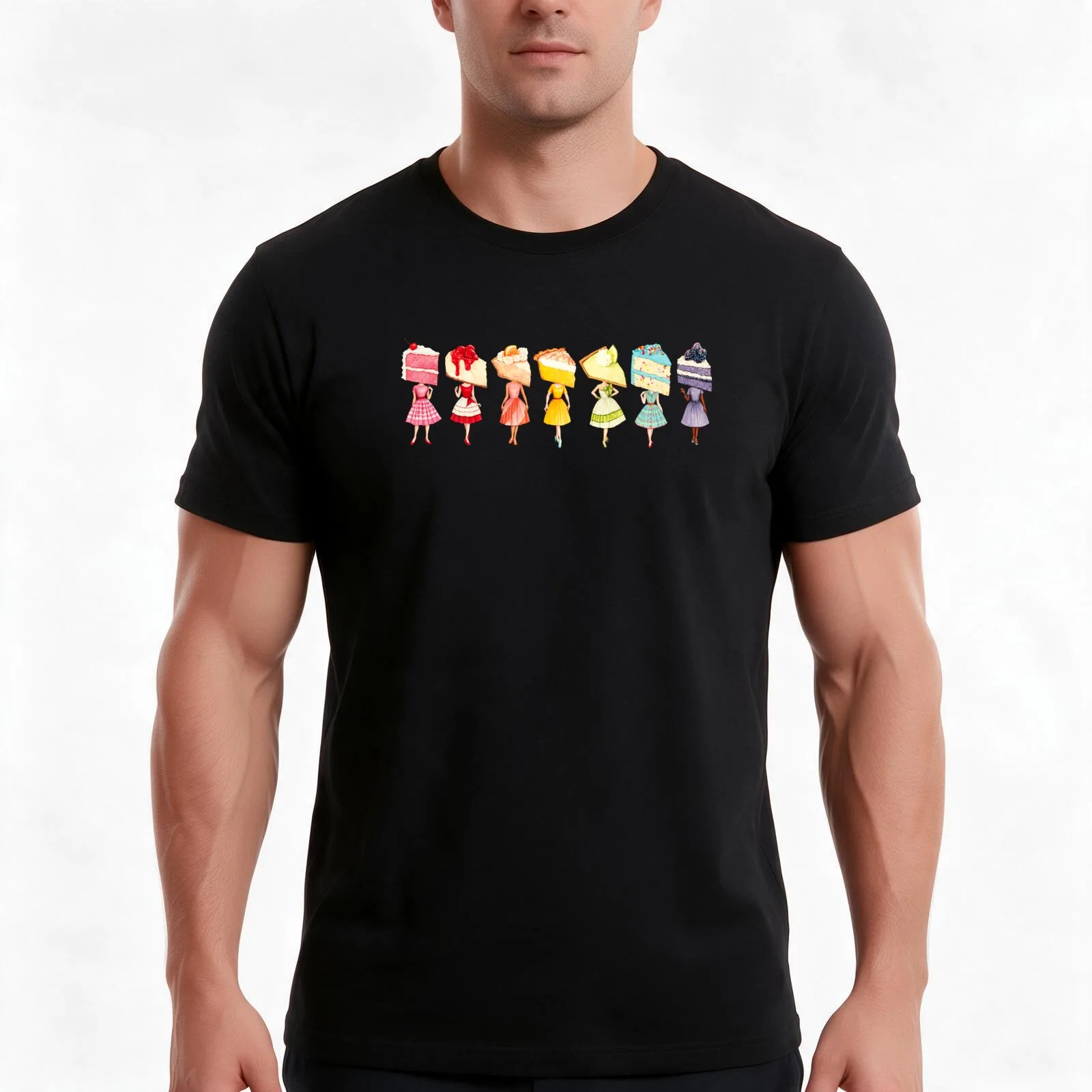 Rainbow Cake Head Pin-Ups T-Shirt, Summer Casual Cotton Tee, Oversized Streetwear Tops, Vintage Graphic Print, Unisex Men Women