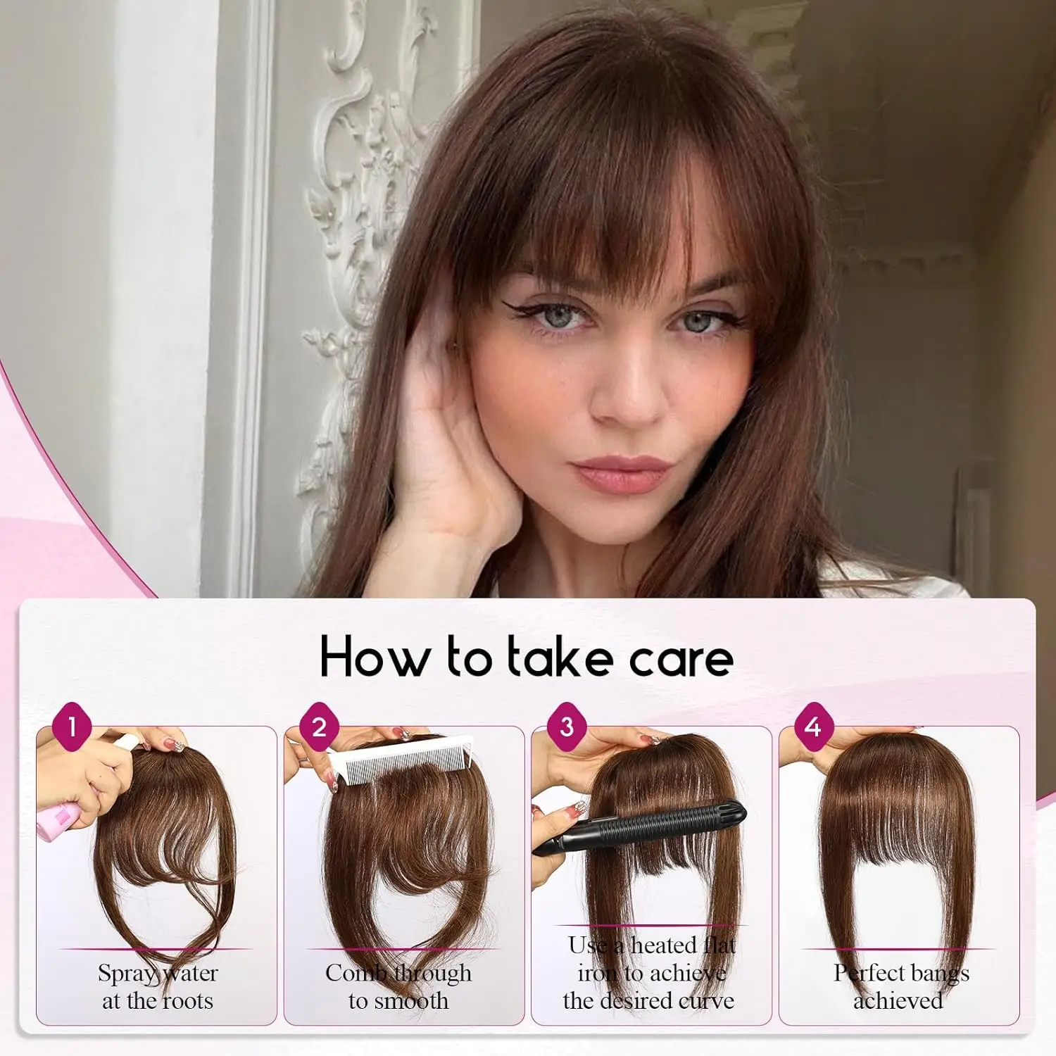 100% Remy Human Hair Bangs Hair Clip with 3 Secure Clips 360°Cover Top Hair Pieces with Wispy Fringes for Women 10 Inch Auburn