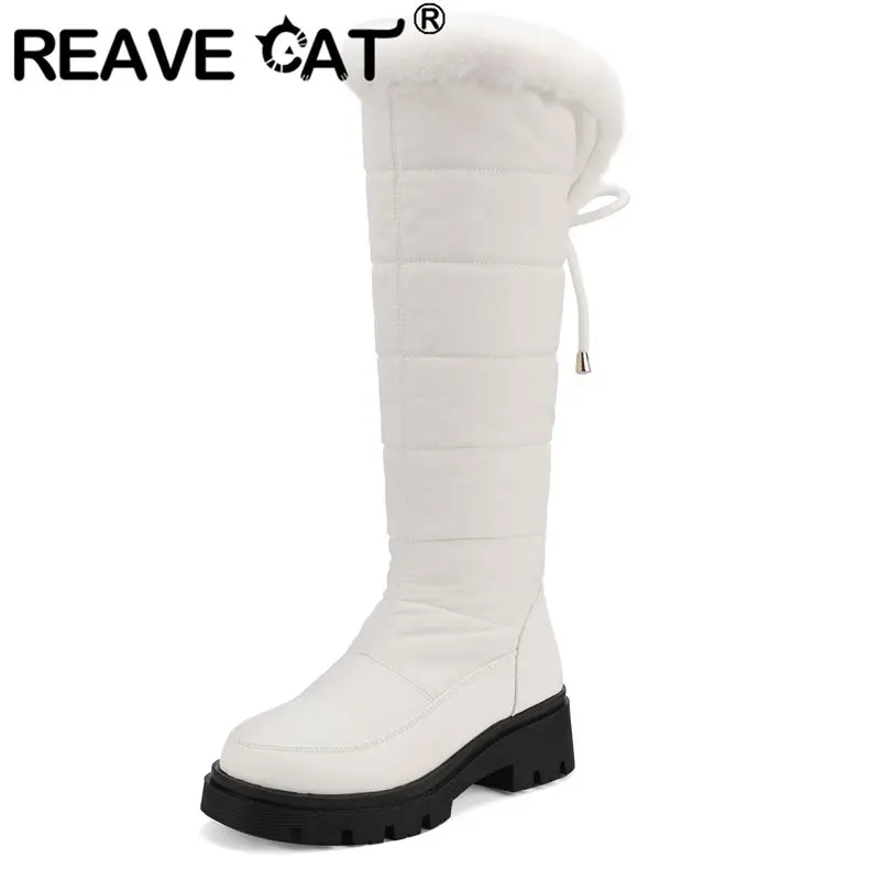 

REAVE CAT2025 Knee High Boots Round Toe 5cm Block Heel Lace Up Daily Warm Plush Winter Snow Booties Big Size 42 43 Autumn