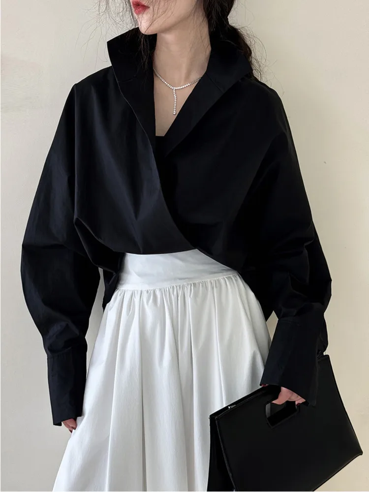 BJTZ col montant col en v profond chemise blanche et chemisier pour les femmes 2025 été manches chauve-souris tempérament grande dame de bureau chemise