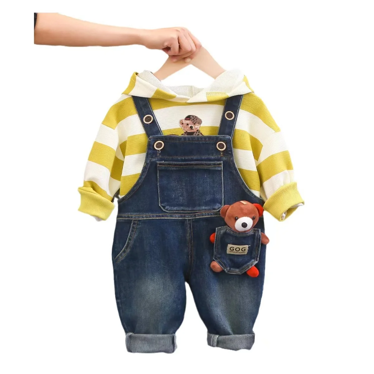 2024 Autumn New Children\'s Wear Hooded Cartoon Long Sleeve Striped Shirt+Cowboy Backstrap Set Two Piece Spring Baby Boys Clothes