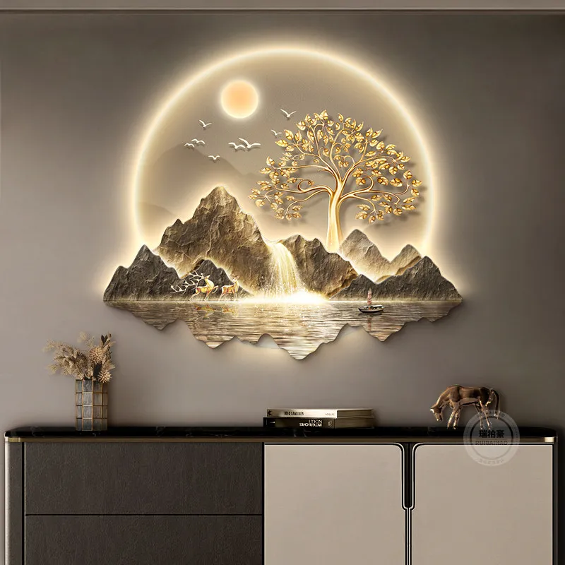 Luxury 3D New Chinese Landscape Wall Lamp Painting Entryway Hallway Decor Picture for Living Room Background Wall Home Decor
