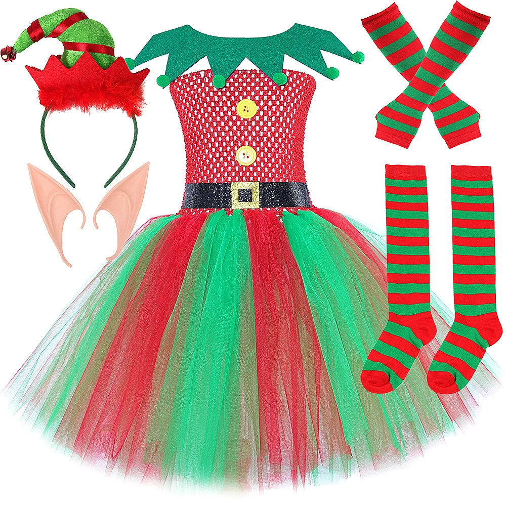 Elf Costume for Girls Christmas Tutu Dress Red Green Santa Tulle Princess Dress Outfit Toddler Kids Xmas Festive Party Dress Up