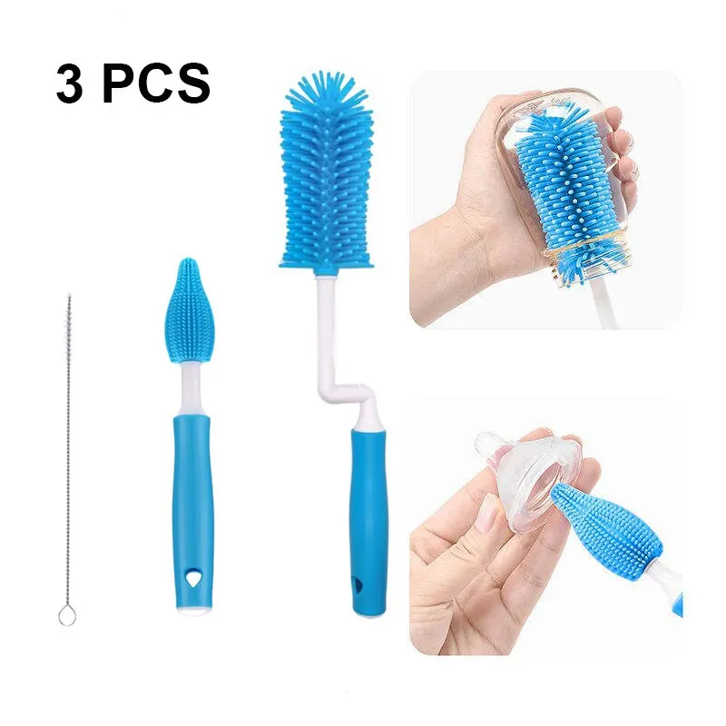 3 Pcs Blue Silicone Rubber Baby Bottle Cleaning Brush Sets