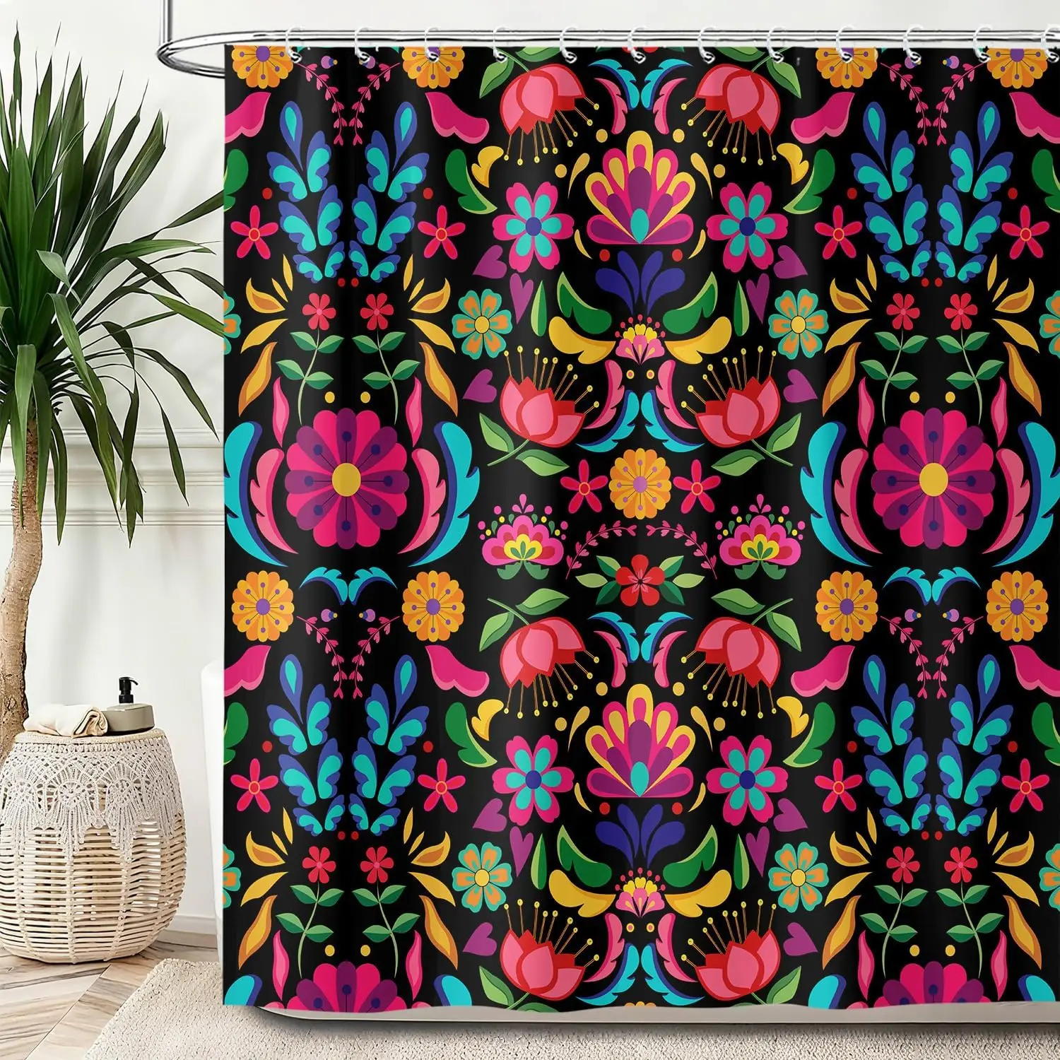 

Colorful Floral Shower Curtain, Boho Mexican Flower Shower Curtains Set, Vintage Unique Aesthetic Abstract Geometric Patterned