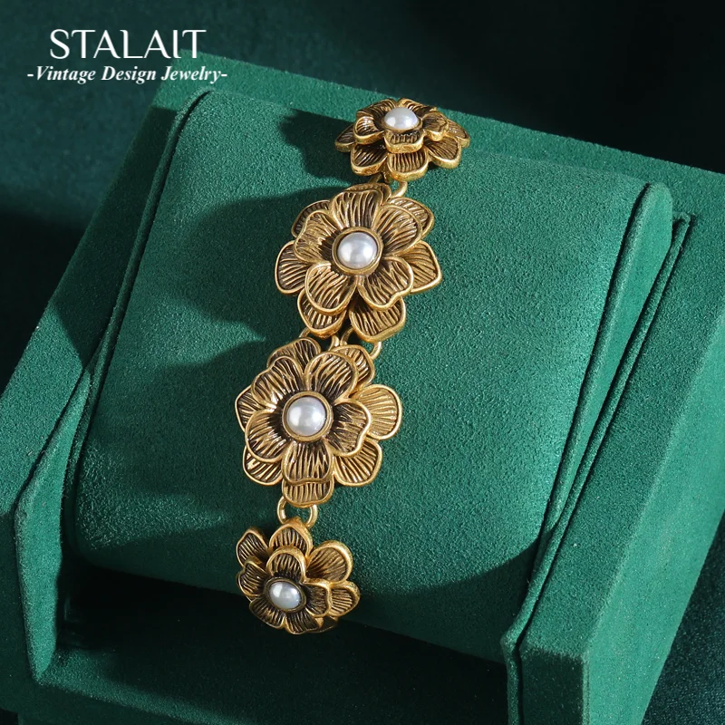 

Retro Gold Color Bronze Hollow Rose Pearl Wedding Bridal Vintage Bracelets Luxury Rich Flower Antique Jewelry Charm Wedding New