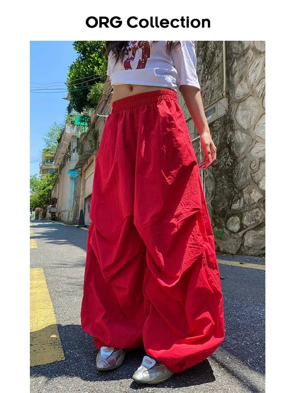 

American Sle Loose Fit Casual Pants Red Pleated Drop Crotch Street Dance Trousers for Men And Women Long Floor-Length Pants