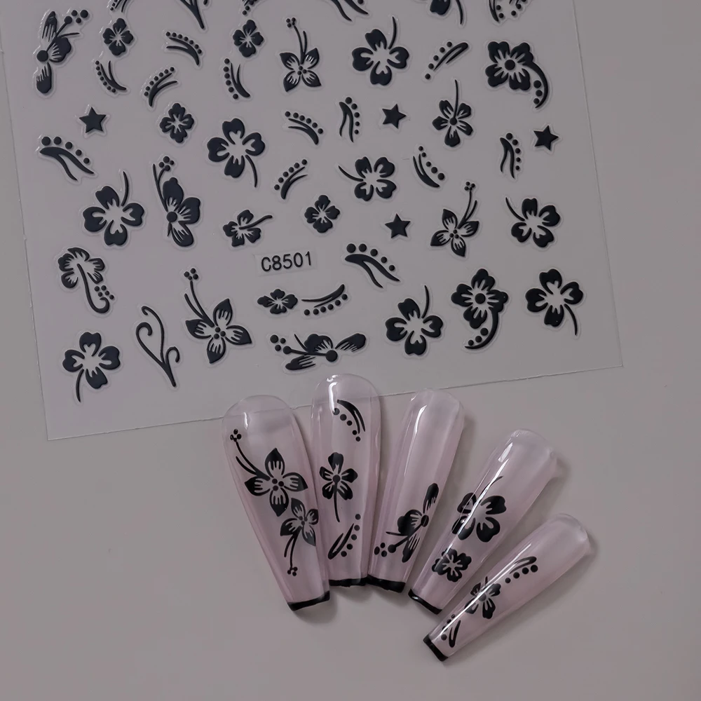 2 folhas de ouro preto 5d hibisco flor adesivos de unhas conjunto em relevo retro elegante cinco pétalas flor autoadesivo prego declas slider