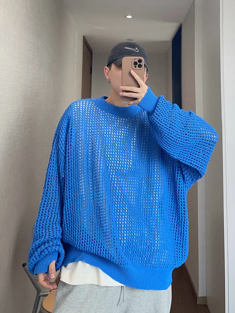 Fashion Autumn Casual Loose Fit Pullover Jumpers O Neck Oversized Sweater Tops Streetwear Vintage Breathable Hollow Out Knitwear