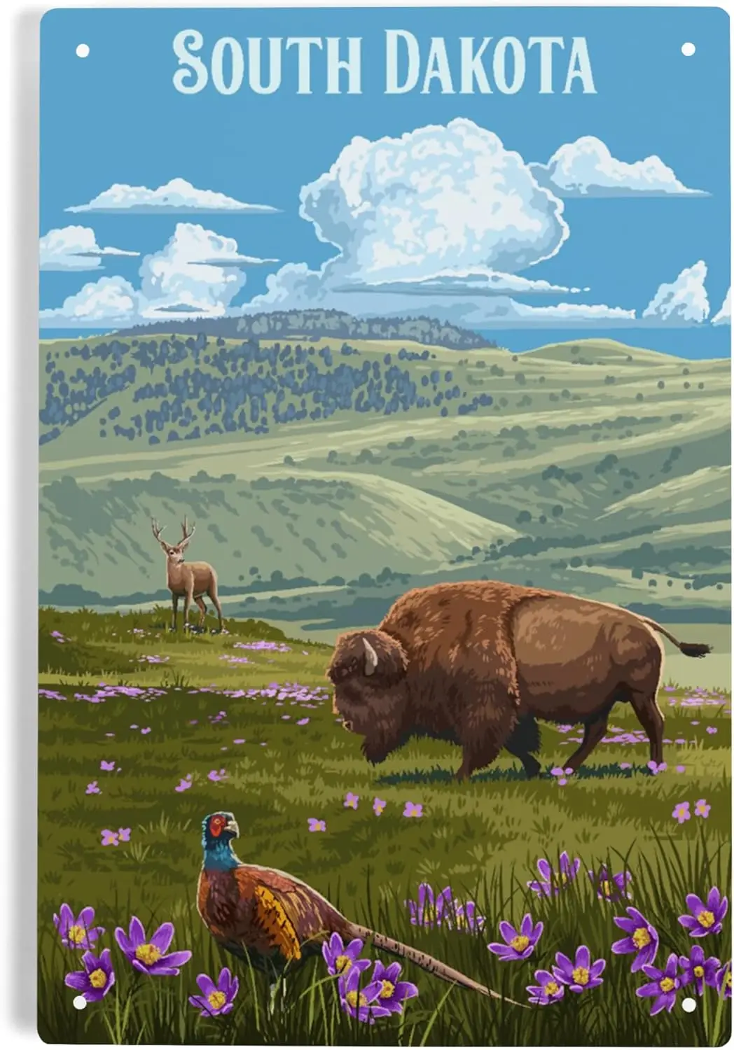 Lantern Press 6x9 Inch Metal Sign, South Dakota, Painterly, Bison and Pheasant