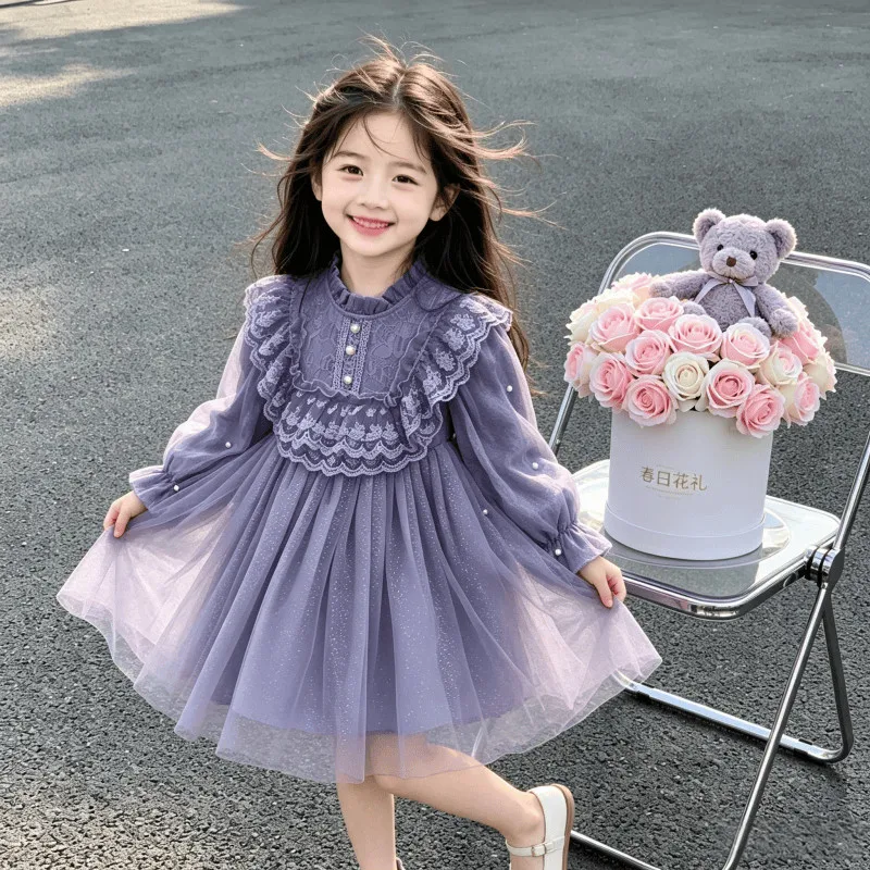 Girls Long Sleeve Lace Mesh Princess Dress Spring Autumn New Fashion Cute Children Party Outfit for Daily School