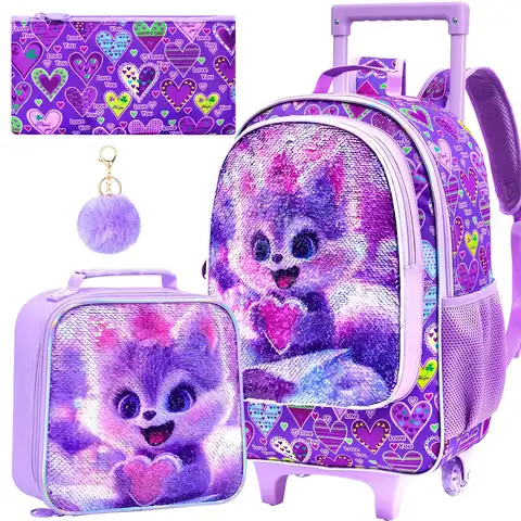 3pcs Girls Rolling Backpack Set, Sequin Fox Trolley School Bag with Handbag and Pen Pouch for Elementary Students