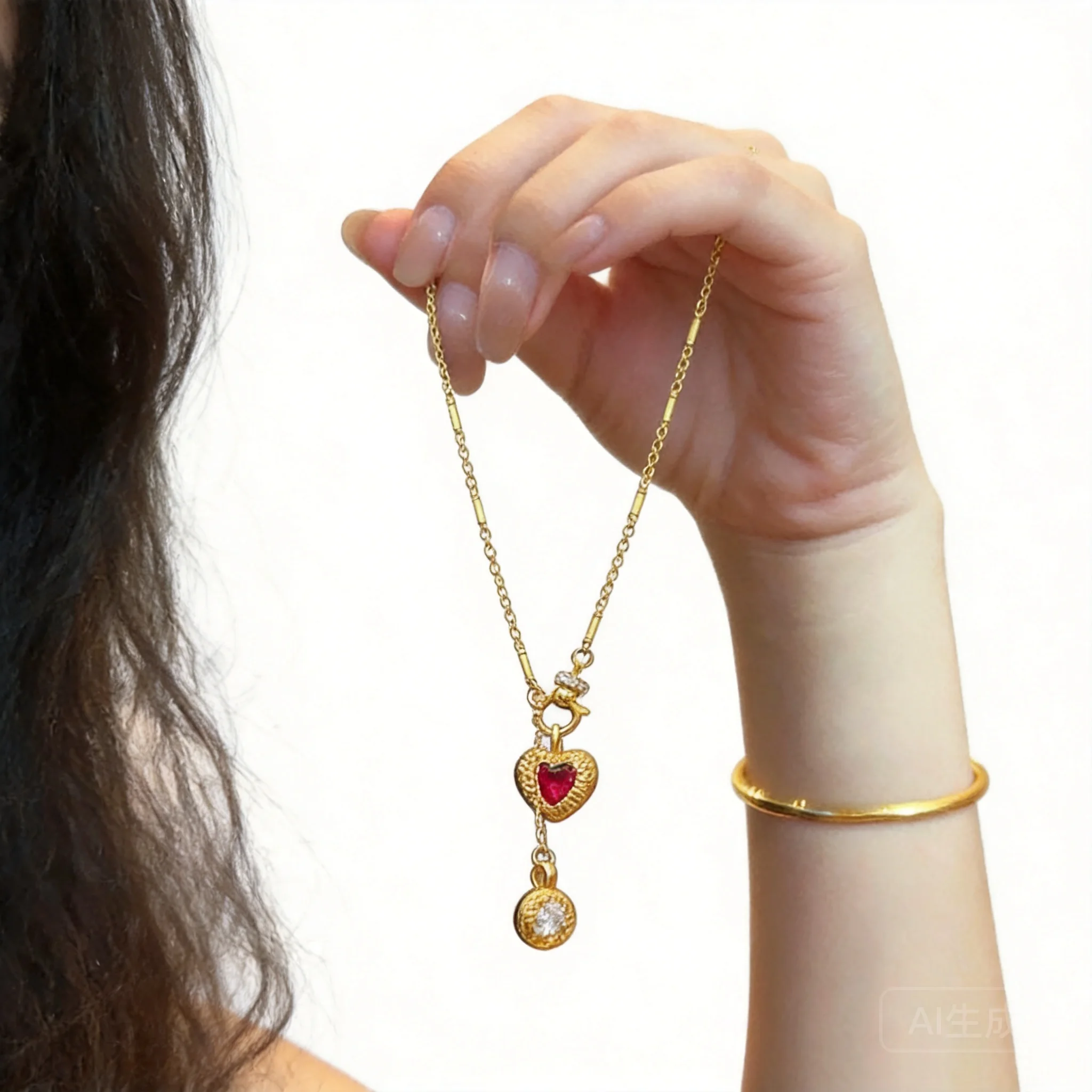 

Chinese Style Auspicious Good Luck Necklace Vintage Gold Tone Ruby Textured Heart Pendant Retro Disc Charm Fortune Blessing Jewe