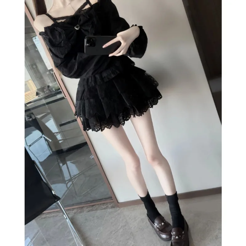 Japanese Dark Subculture Goth Lace Bow Sexy Slim Suspenders Sweet Cool Long Sleeve Top Cake Mini Skirt Autumn Black Suits Women