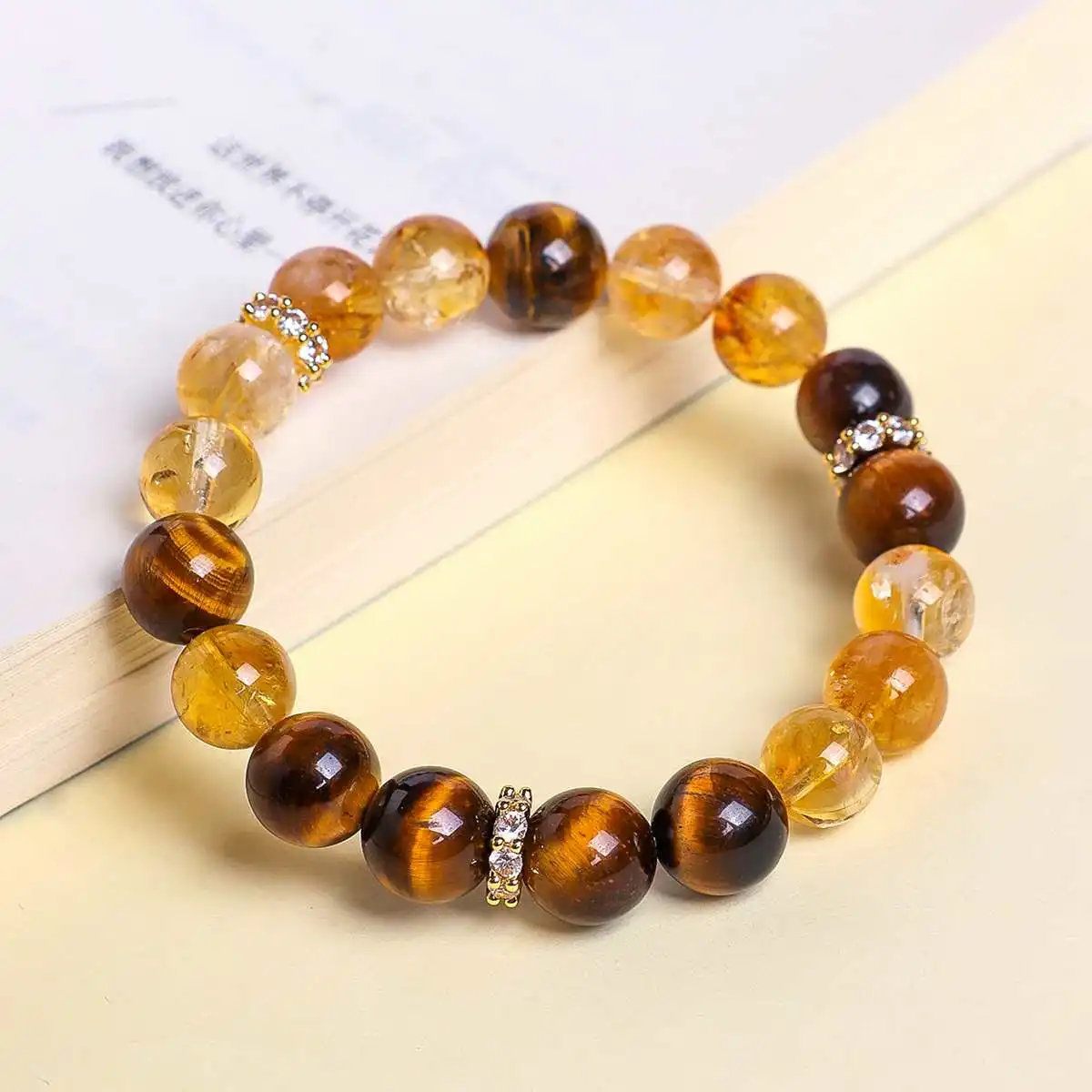 

10mm Natural Citrine/Huangta Crystal&Tiger's Eye Stones Women Bracelets Rhinestone Gold Plated Accessories Lucky Wealth Bracelet